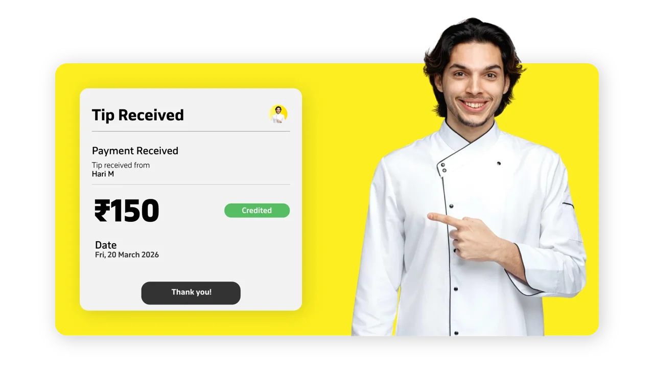 QR tipping in India: instant digital tip received by chef Hari M via tirelo