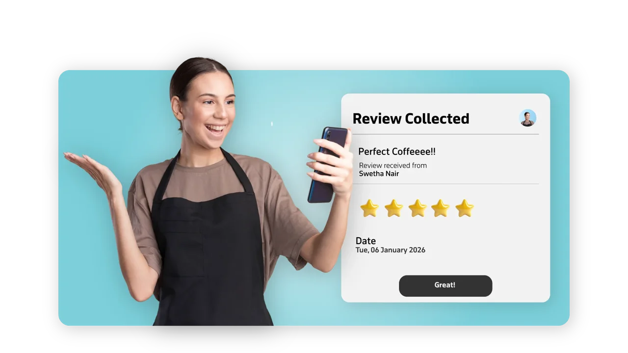 Verified service review collected after a tip for barista Swetha Nair — tirelo India